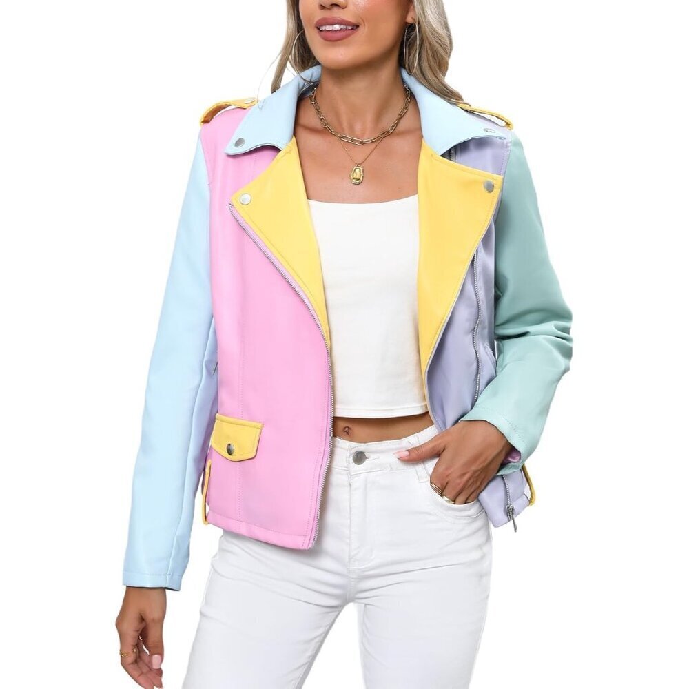 Women Multicolor Faux Leather Motorcycle Jacket Stand Collar with Pockets Coat